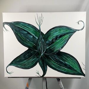 Abstract Green Leaf & Botanical Canvas Painting Original Artwork 20"W x 16"T